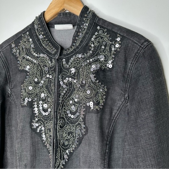 Chico’s Black Embellished Denim Jacket Size Large - Picture 5 of 11